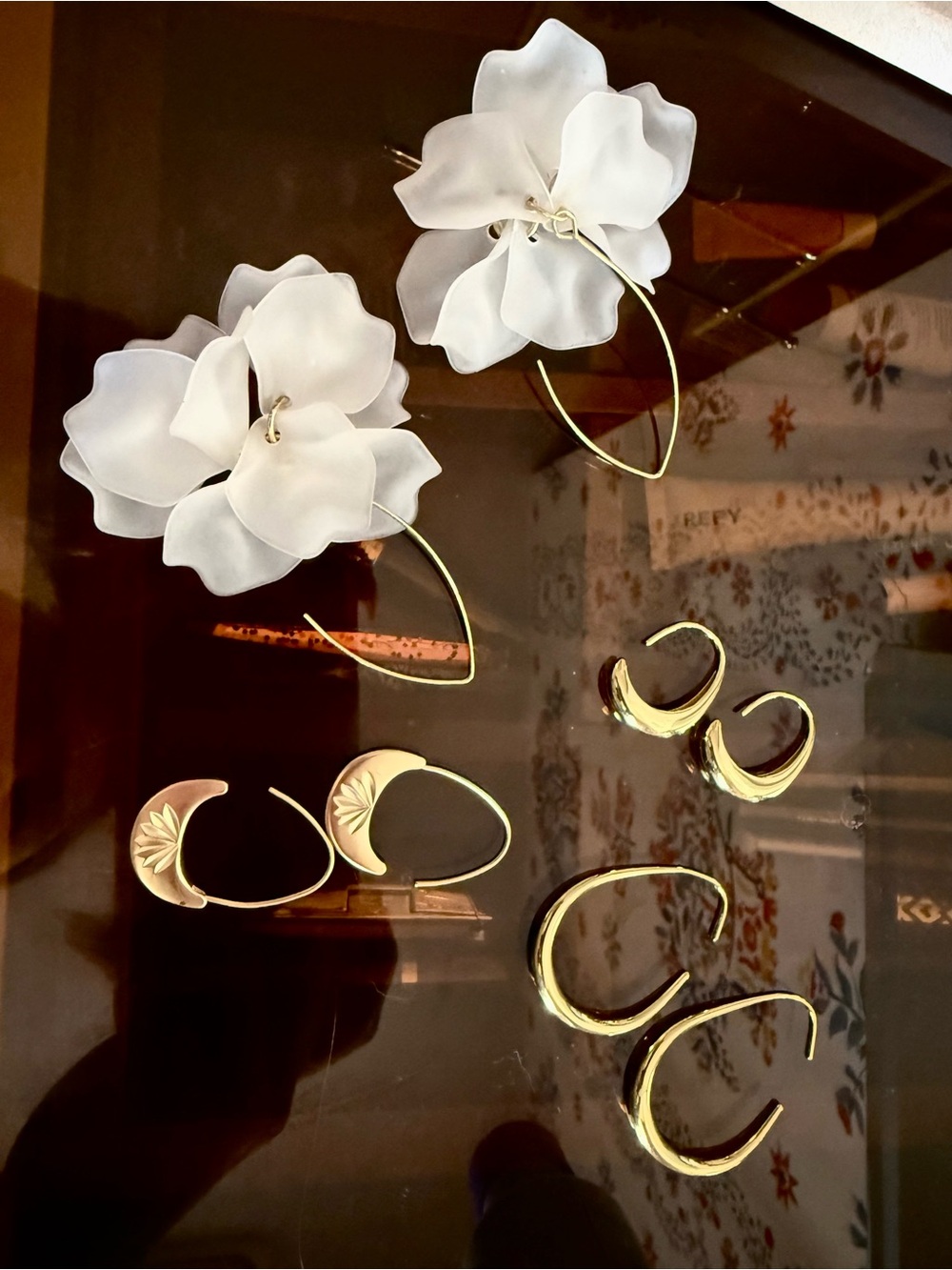 White Floral Statement Hoop Earrings with Gold-Tone Accents — Set of 4